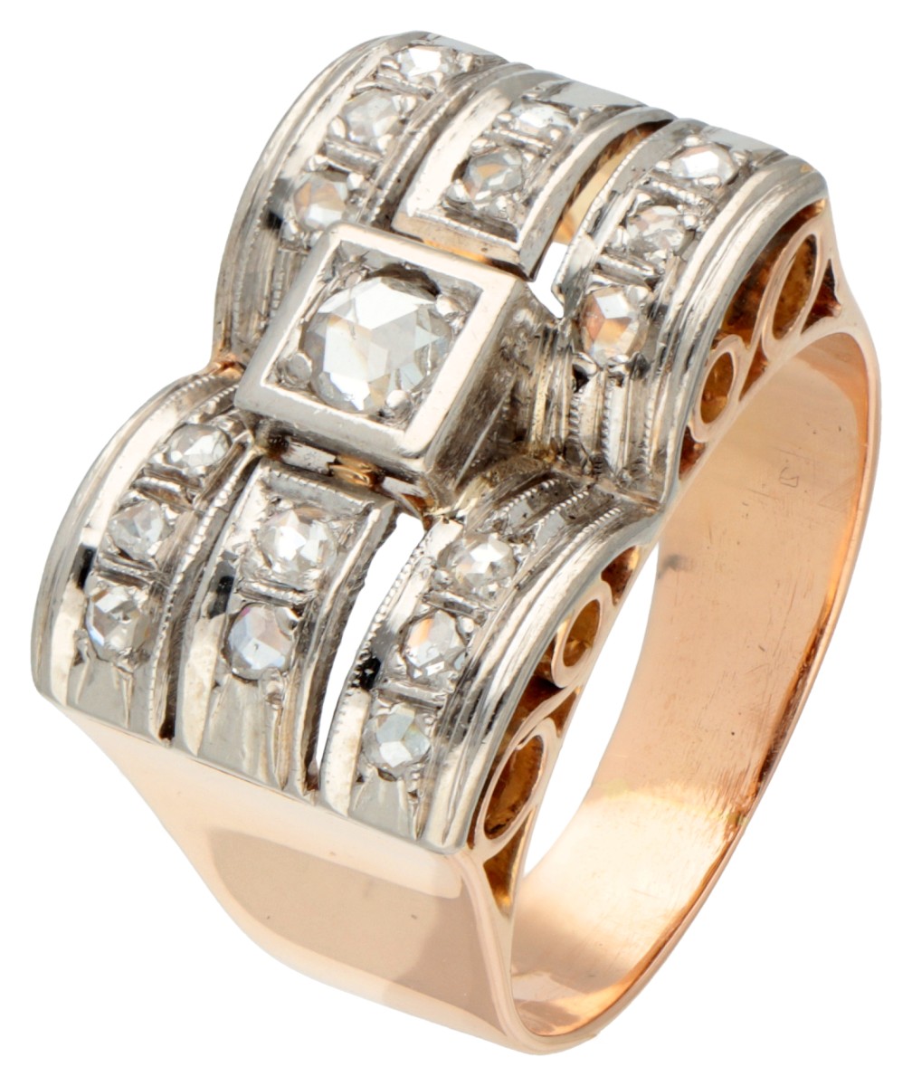 Retro 18 kt. roségouden tank ring bezet met diamant in witgoud.