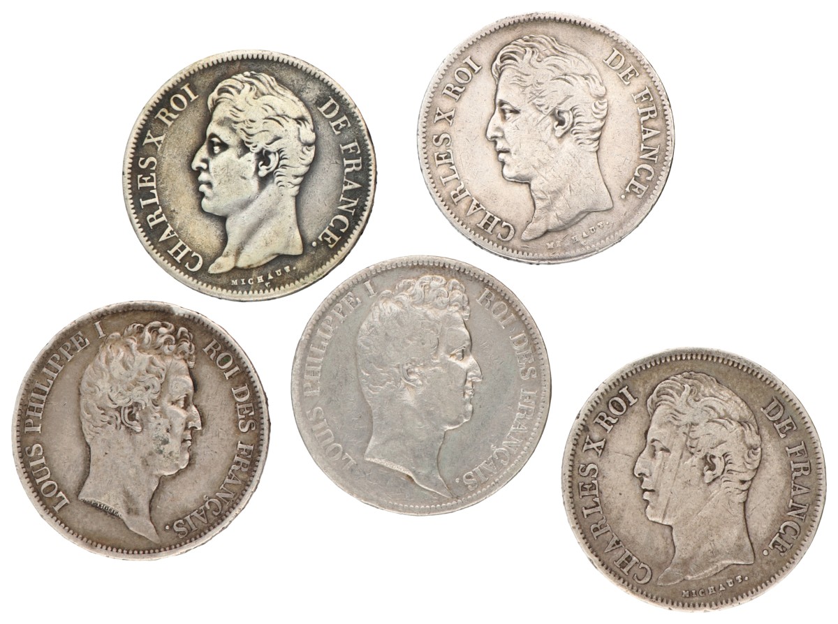 France. Second kingdom. Charles X and Louis Philippe. Lot (5) 5 Francs. 1828 K, 1828 W, 1829 L, 1830 A and 1831 A.