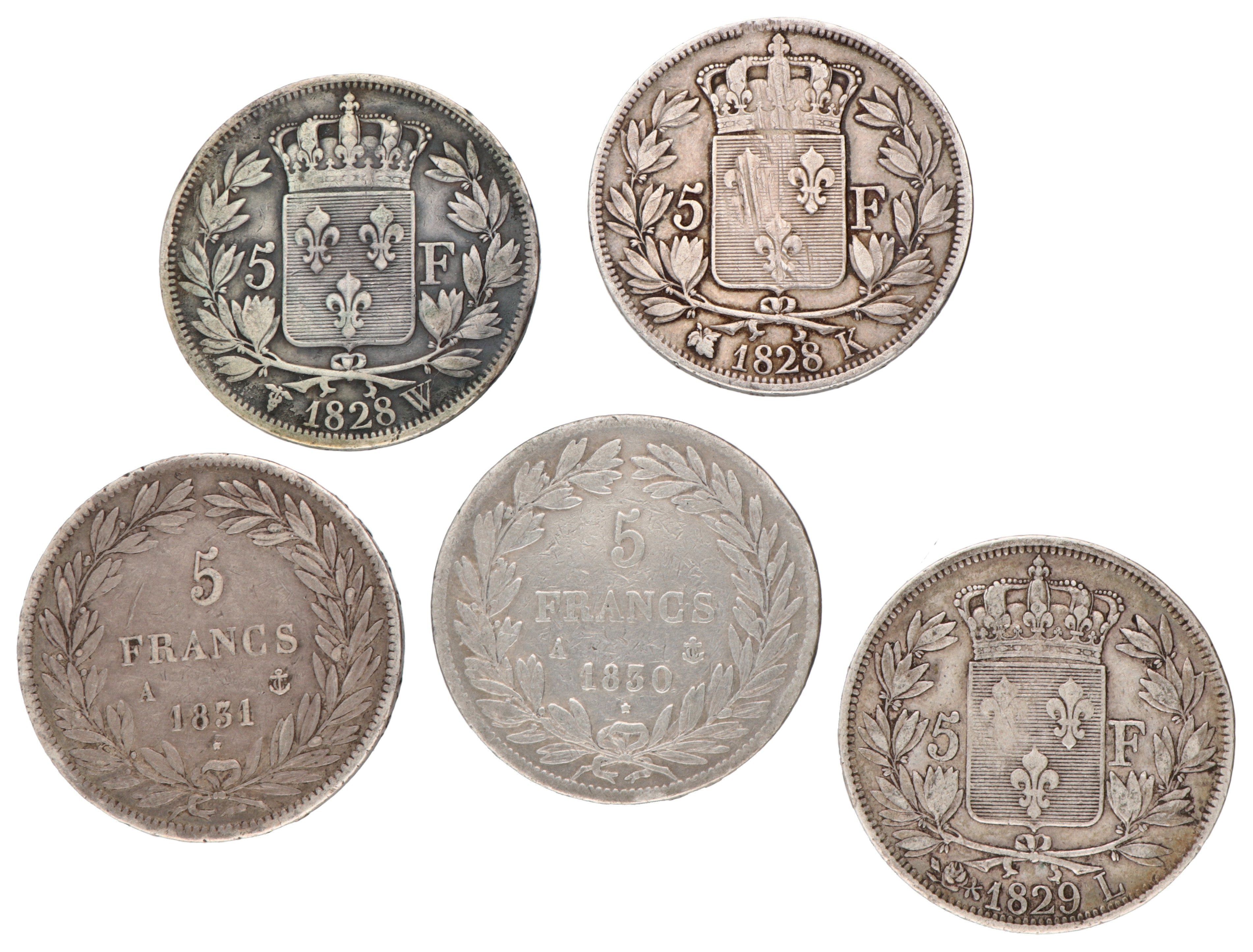 France. Second kingdom. Charles X and Louis Philippe. Lot (5) 5 Francs. 1828 K, 1828 W, 1829 L, 1830 A and 1831 A.