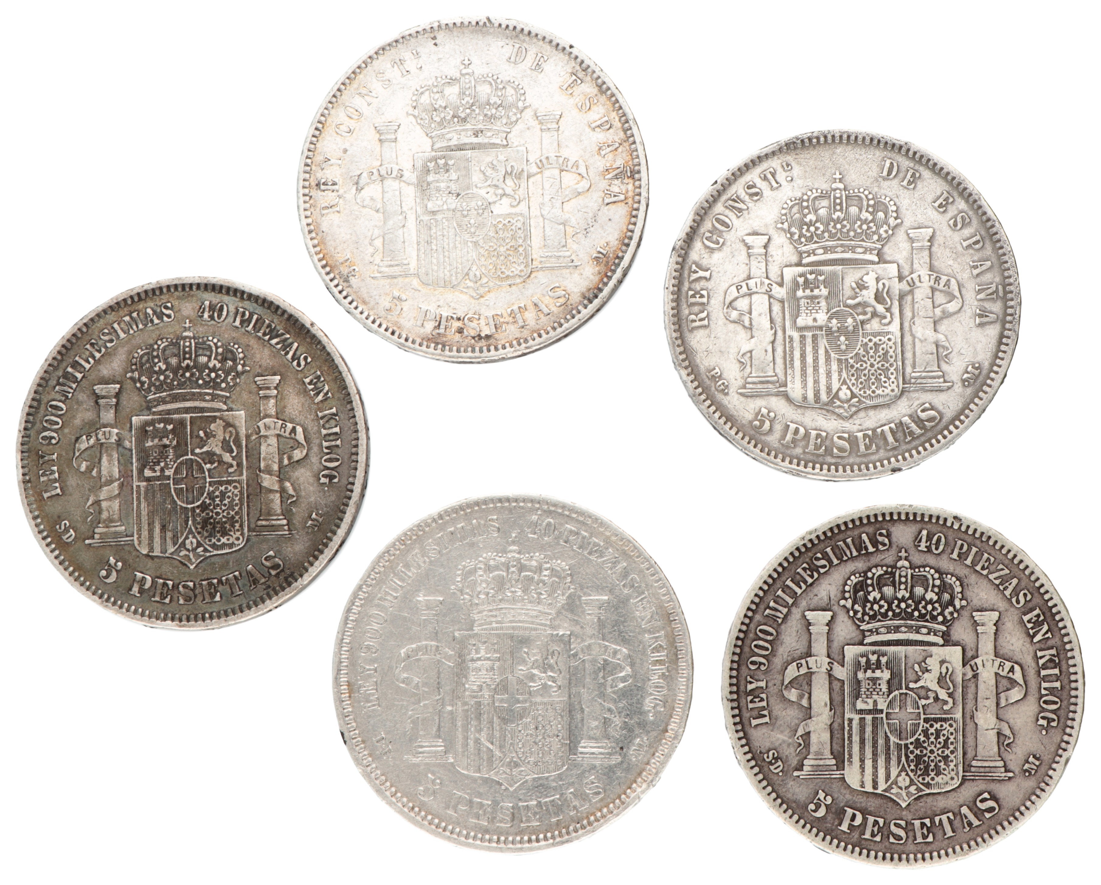 Spain. Amadeo I and Alfonso XIII. Lot (5) 5 Pesetas. VF - XF.