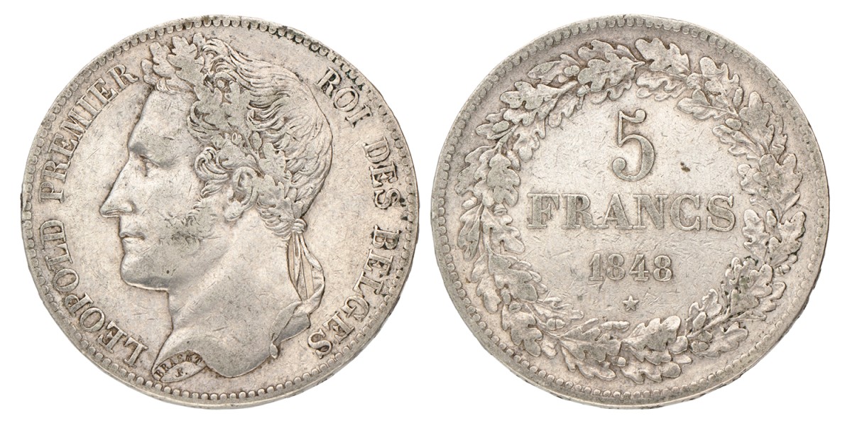 Belgium. Leopold I. 5 Francs. 1848.