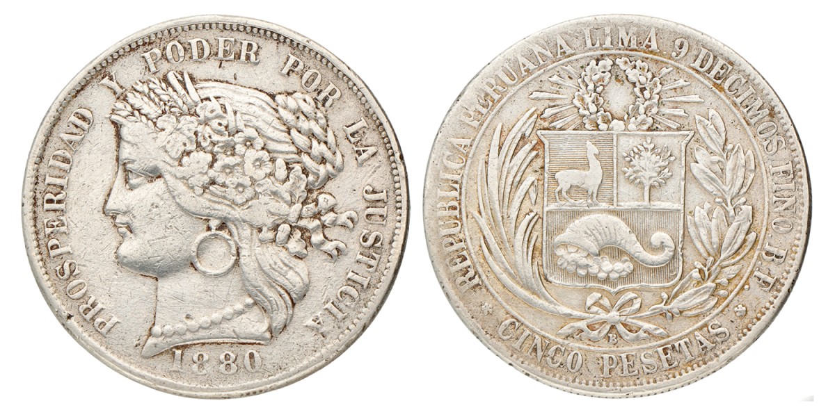 Peru. 5 Pesetas. 1880 B.