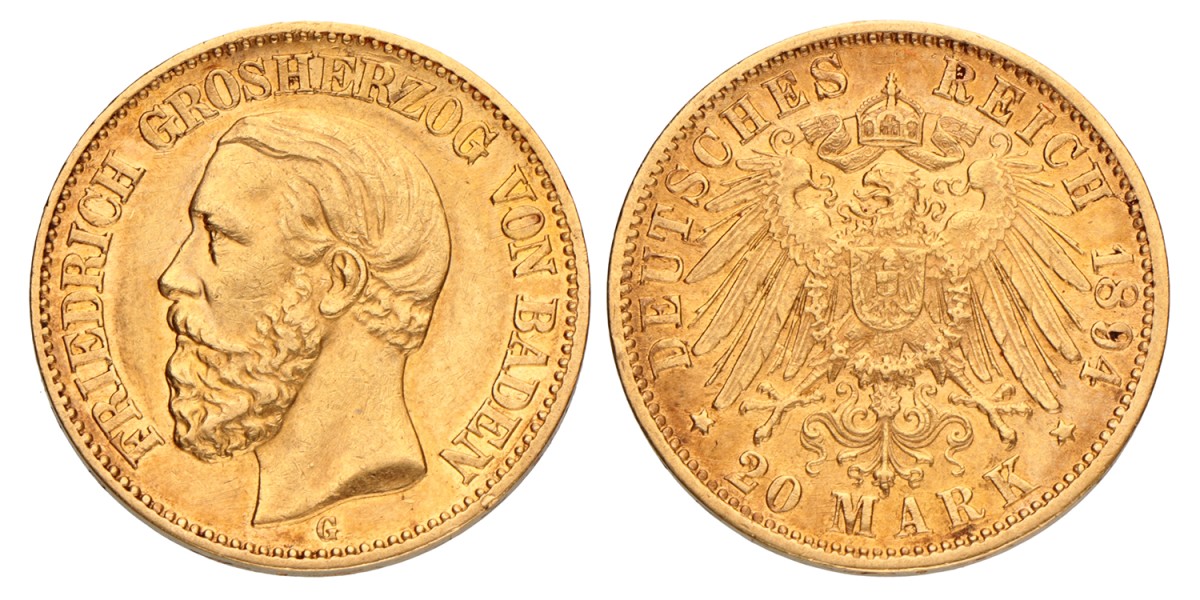 German states. Baden. Friedrich I. 20 Mark. 1894 G.