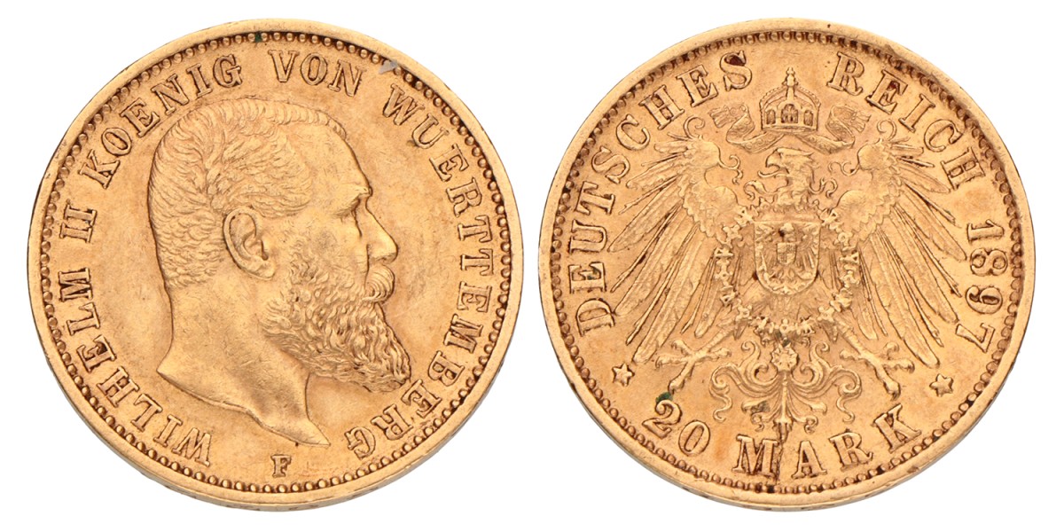 German states. Württemberg. Wilhelm II. 20 Mark. 1897 F.