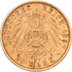 German states. Württemberg. Wilhelm II. 20 Mark. 1897 F.