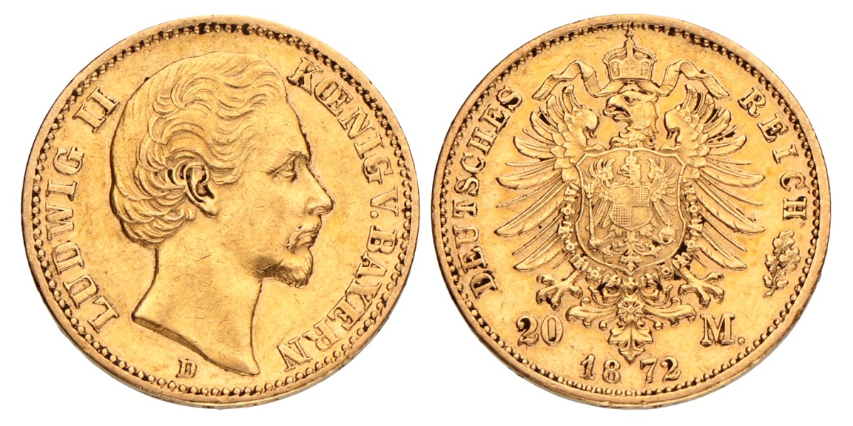 German states. Bavaria. Lüdwich II. 20 Mark. 1872 D.