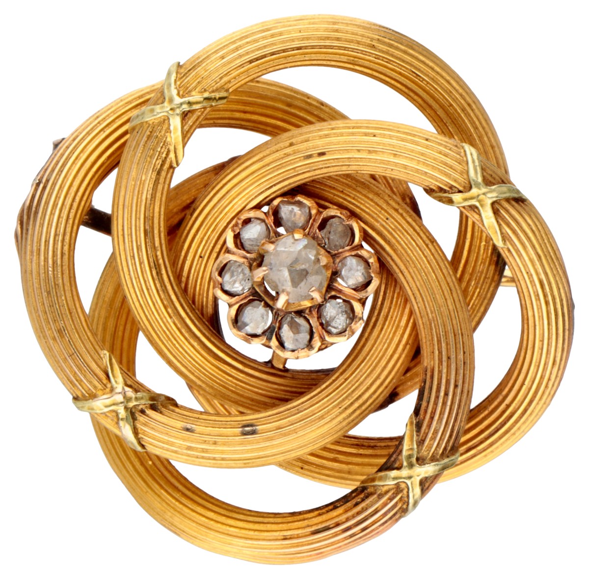 Antieke 21 kt. geelgouden knoopbroche met een diamanten bloem.