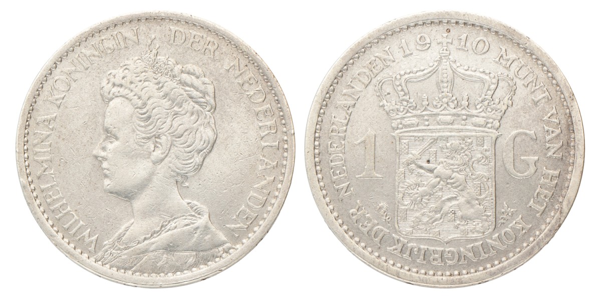 1 Gulden. Wilhelmina. 1910. Zeer Fraai / Prachtig.