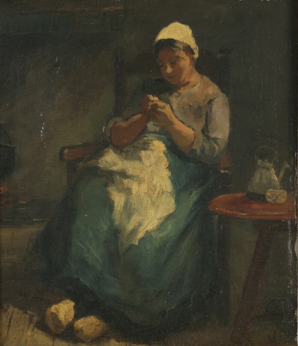 Toegeschreven aan J.S.H. Kever (Amsterdam 1854 - 1922 Laren NH), Een handwerkende vrouw in een interieur.