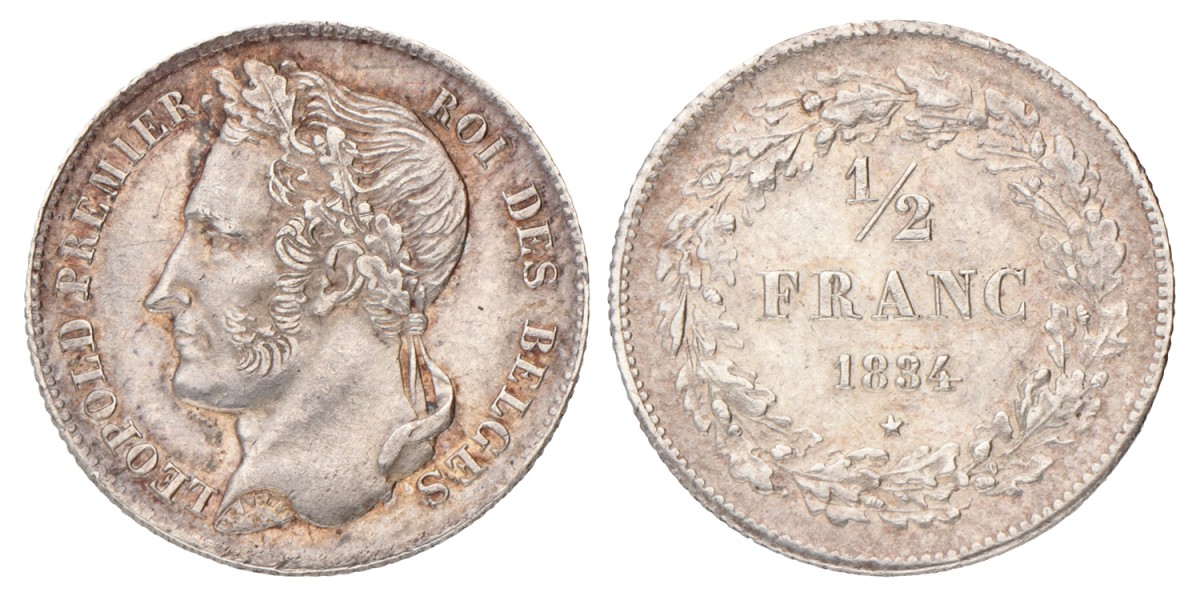 Belgium. Leopold I. ½ Franc. 1834 with longer horizontal stripe.