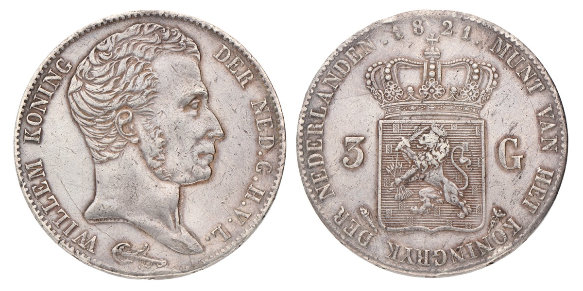 3 Gulden. Willem I. 1821. Zeer Fraai / Prachtig.