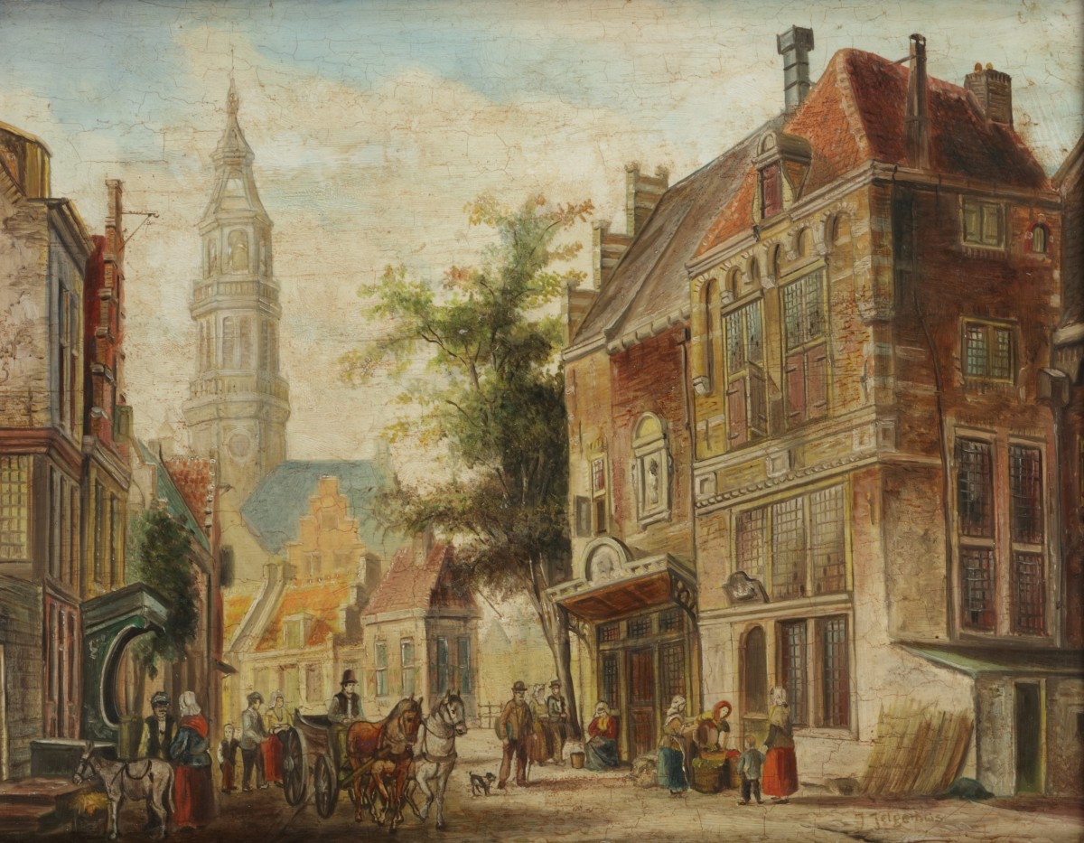 Hollandse School, 20e eeuw, een druk bevolkte straat in een stad.