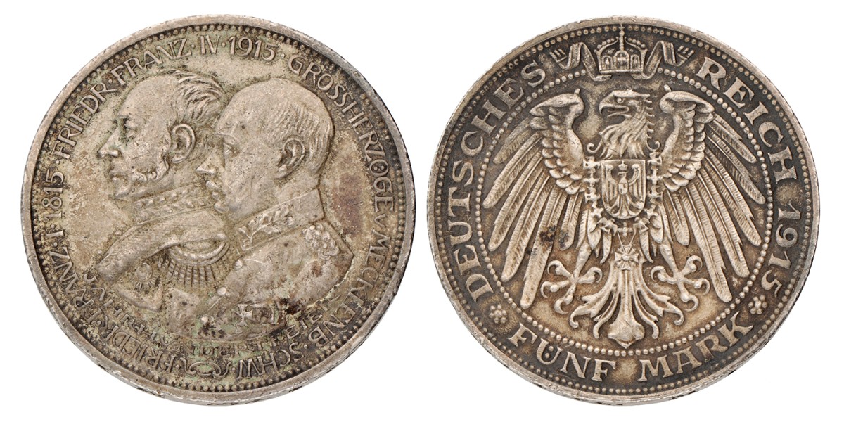 German states. Mecklenburg-Schwerin. Friedrich Franz IV. 5 Mark - 100th anniversary of the Arch dukedom. 1915 A.