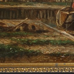 Hendrik Hulk (Amsterdam 1842 - 1947 Haarlem) platbodems aan een kade.