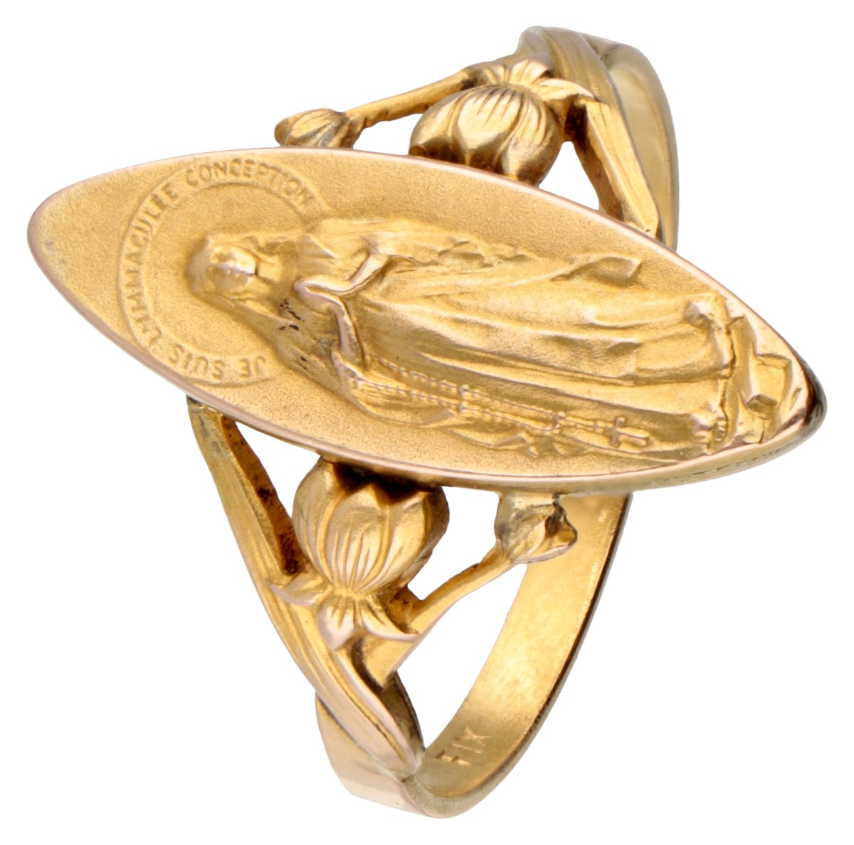 Art nouveau religieuze Franse FIX navette ring met Maria.