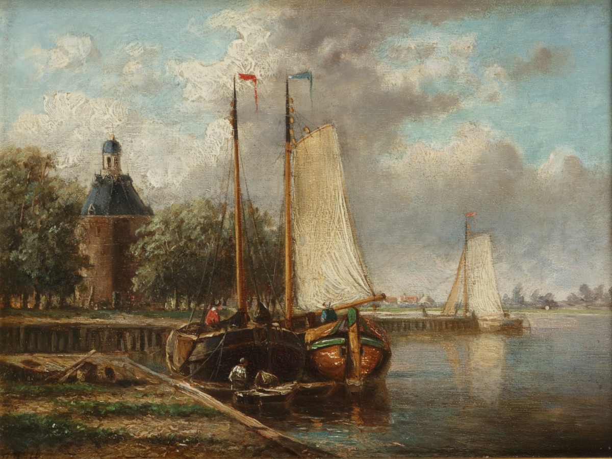 Hendrik Hulk (Amsterdam 1842 - 1947 Haarlem) platbodems aan een kade.