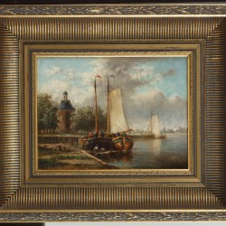 Hendrik Hulk (Amsterdam 1842 - 1947 Haarlem) platbodems aan een kade.