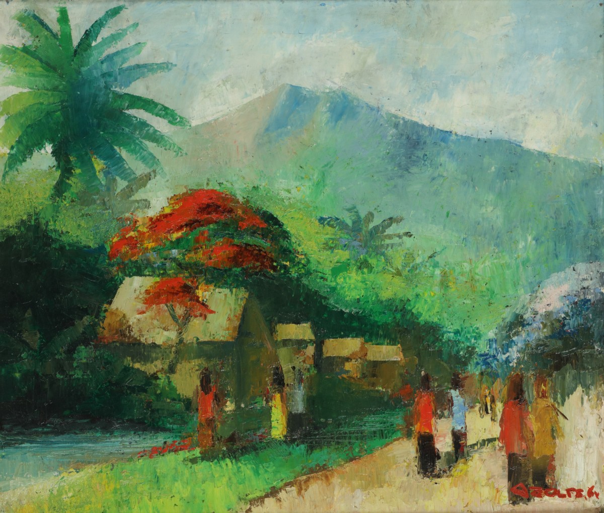 Indonesische School, 20e eeuw, Indisch landschap met vulkaan en waringing.