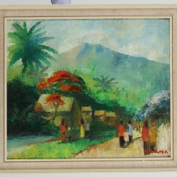 Indonesische School, 20e eeuw, Indisch landschap met vulkaan en waringing.