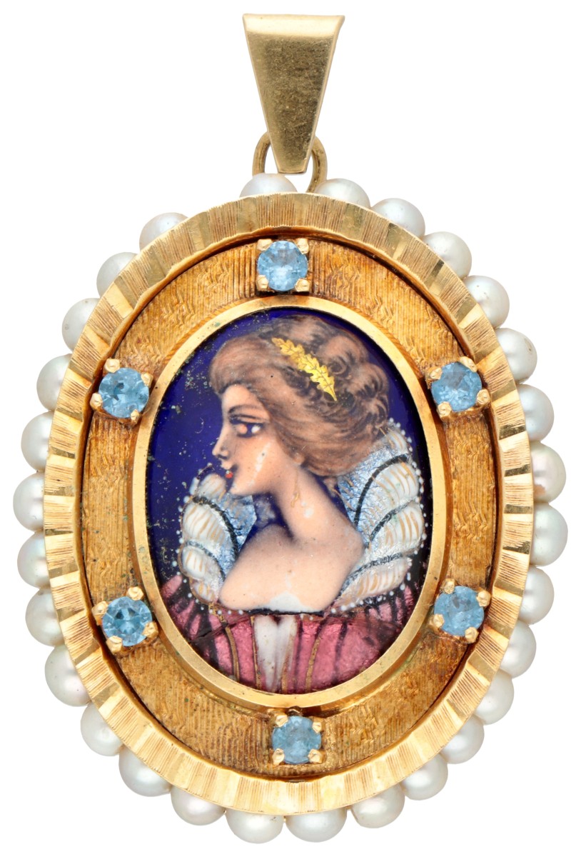 Vintage 18 kt. geelgouden Limoges emaille hanger met een sierlijk portret en bezet met parels en synthetische spinel.