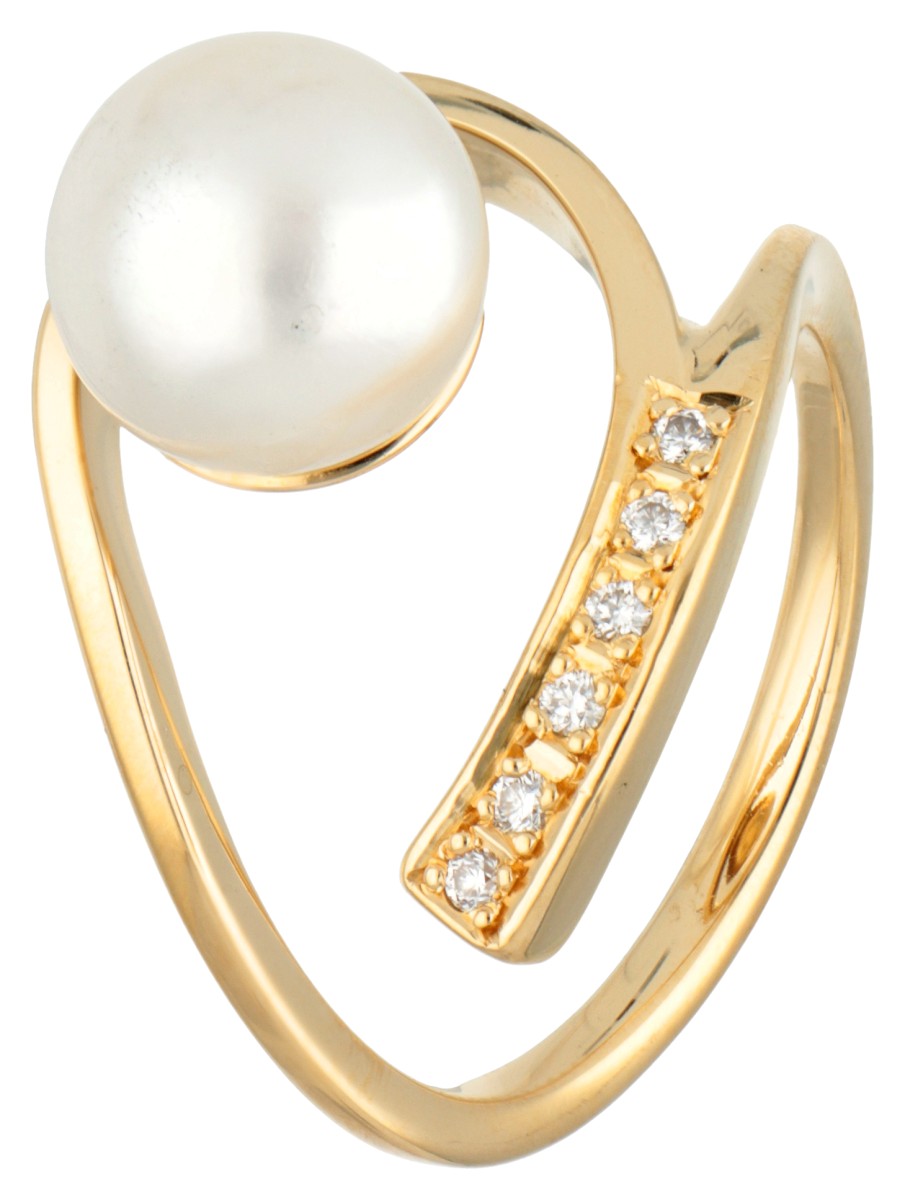 No reserve - 18K Geelgouden design ring bezet met bouton parel en 0.06 ct. diamant.