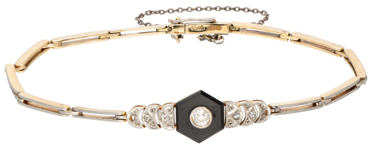 14 kt. Geelgouden / platina art deco armband bezet met onyx en diamant.