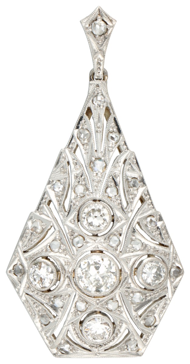 Platina / 18 kt. witgouden art deco hanger bezet met ca. 0.89 ct. diamant.