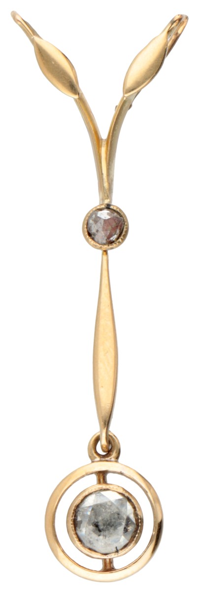 14 kt. Geelgouden art deco hanger bezet met oud geslepen diamant op folie.