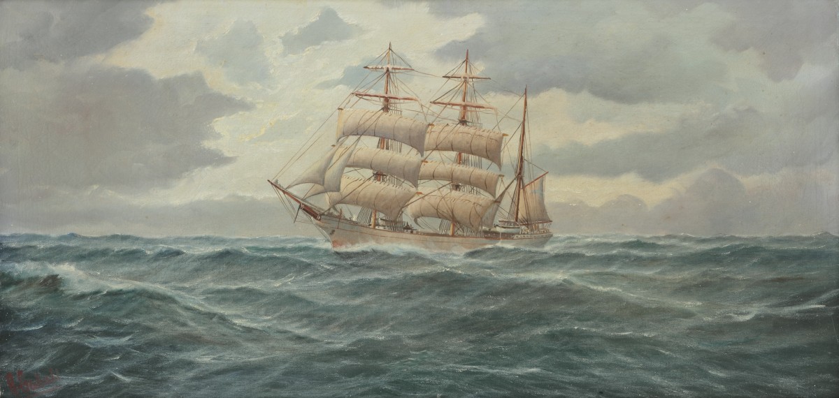 Hollandse School, 20e eeuw, een zeilklipper op ruwe zee.