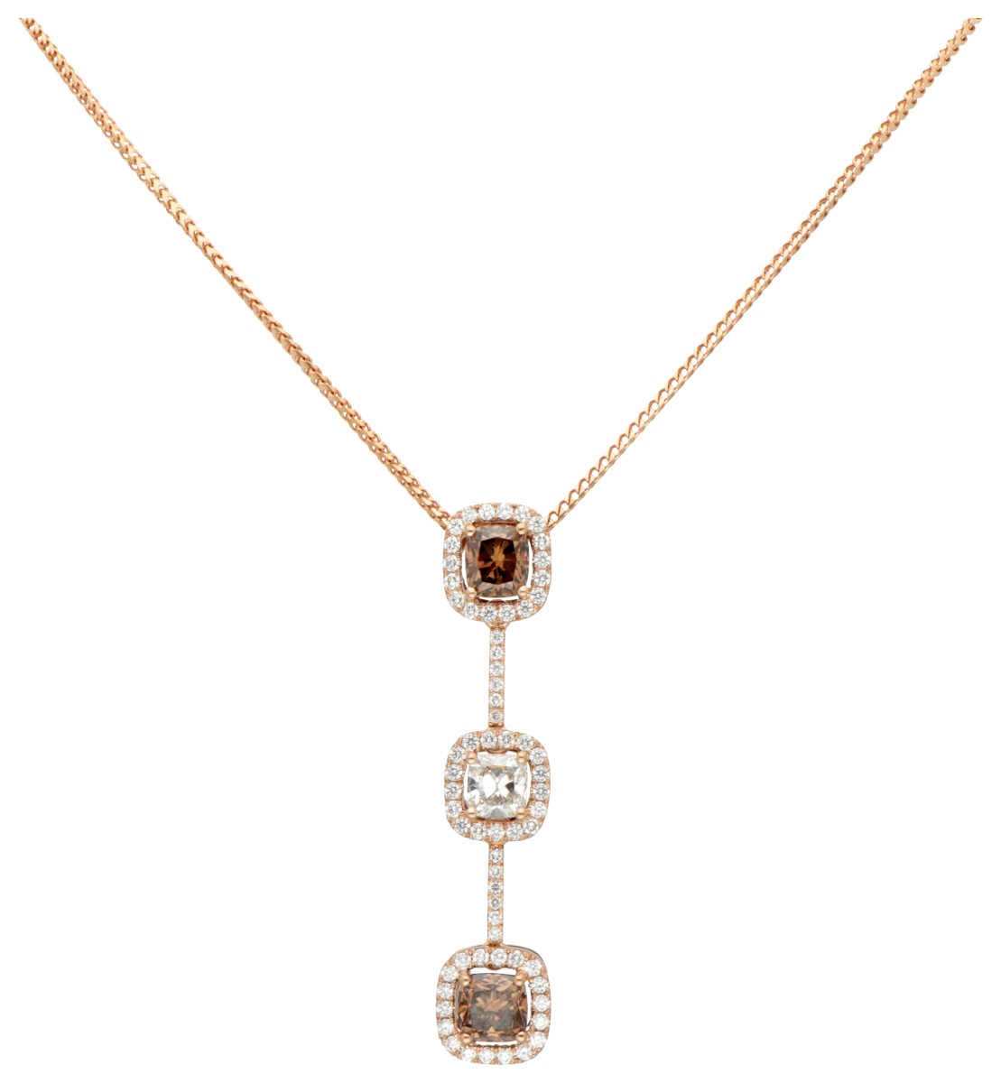 Italiaans design 18 kt. roségouden collier en hanger bezet met ca. 3.20 ct. diamant.