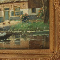 A. Siebenga, 20e eeuw, landschap met boerderij en hooimeid aan slootje.