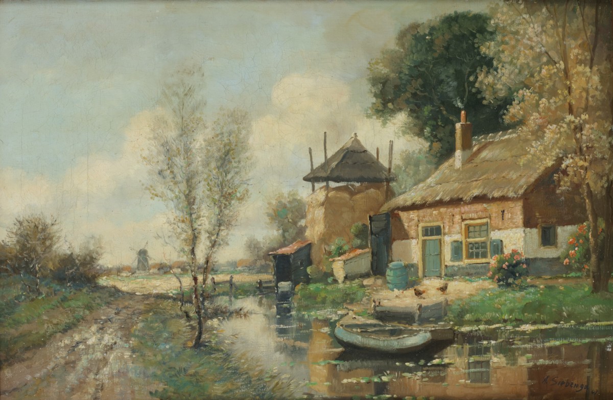 A. Siebenga, 20e eeuw, landschap met boerderij en hooimeid aan slootje.