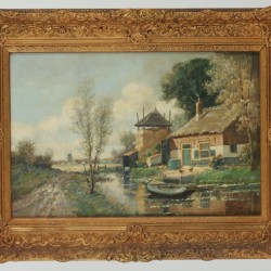 A. Siebenga, 20e eeuw, landschap met boerderij en hooimeid aan slootje.