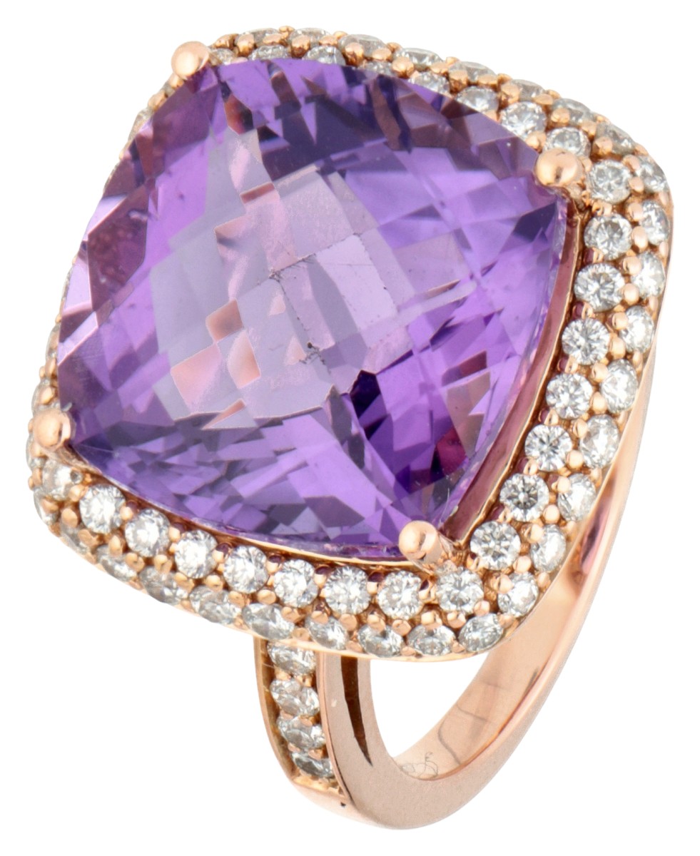 18 kt. Roségouden cocktail ring bezet met ca. 8.98 ct. amethist en ca. 0.60 ct. diamant.