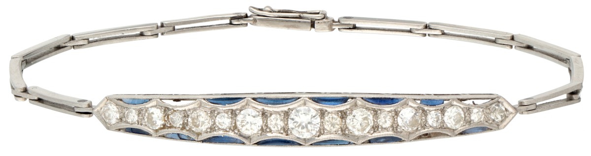 Art deco platina armband bezet met ca. 1.33 ct. diamant en saffier.