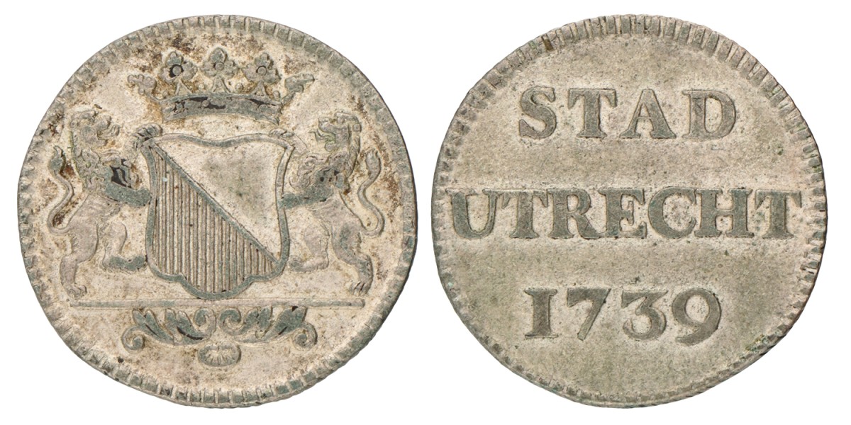 Duit afslag in zilver. Utrecht stad. 1739. Zeer Fraai +.