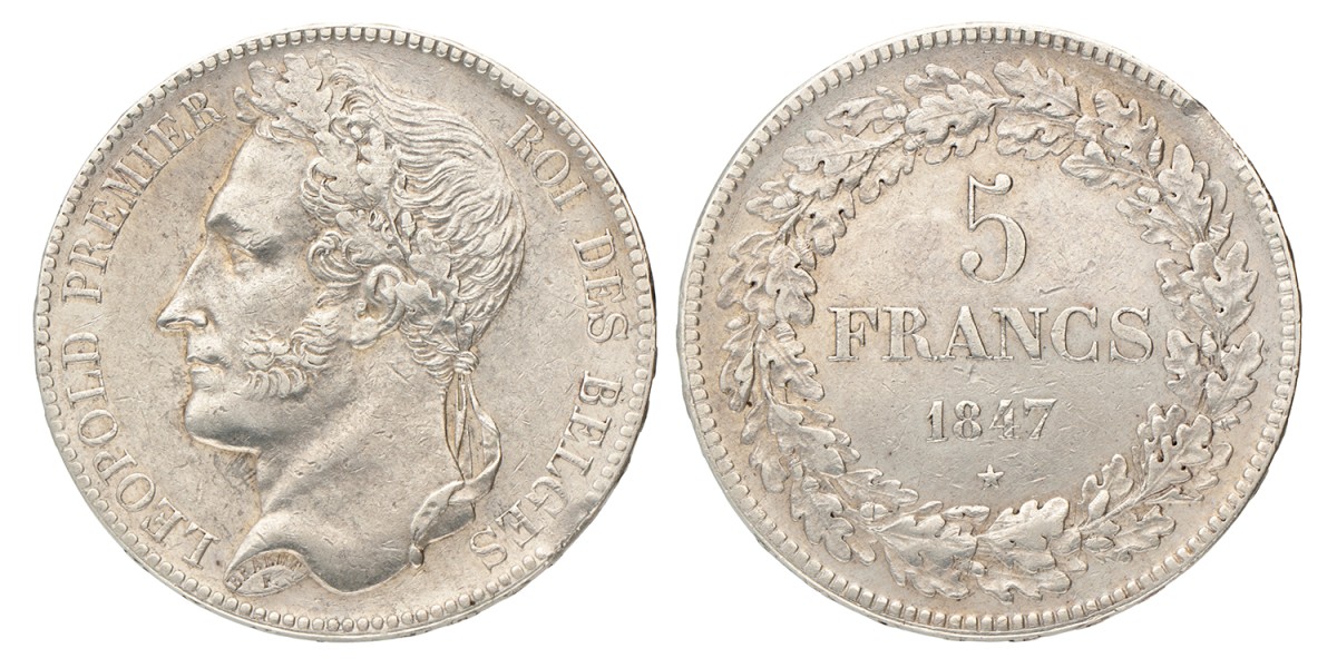 Belgium. Leopold I. 5 Francs. 1847.