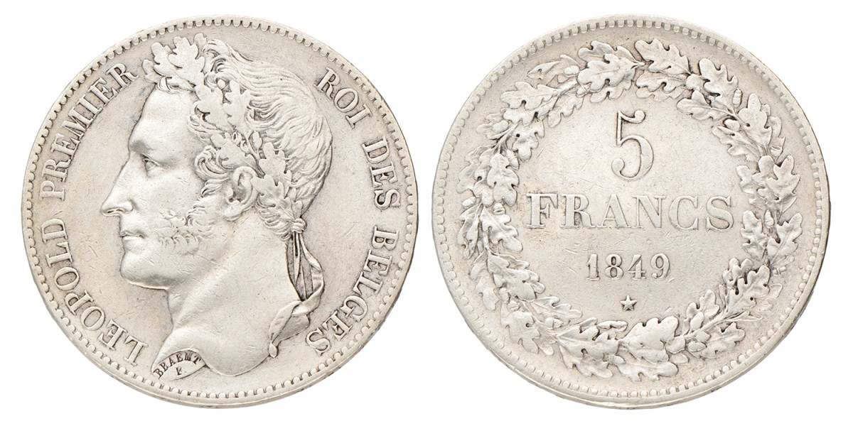 Belgium. Leopold I. 5 Francs. 1849.