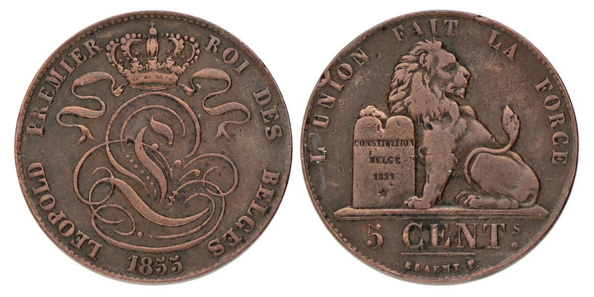 Belgium. Leopold I. 5 Centimes. 1855.