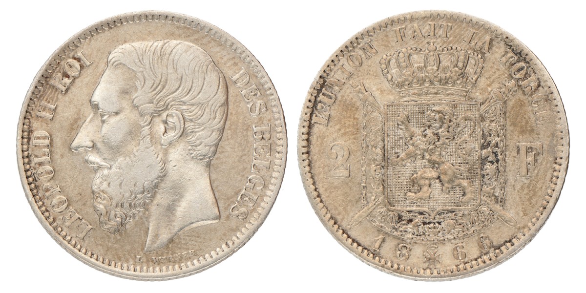 Belgium. Leopold II. 2 Francs. 1866.