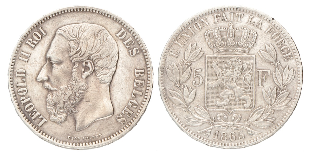 Belgium. Leopold II. 5 Francs. 1865.