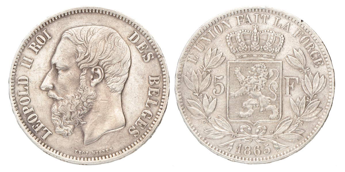 Belgium. Leopold II. 5 Francs. 1865.