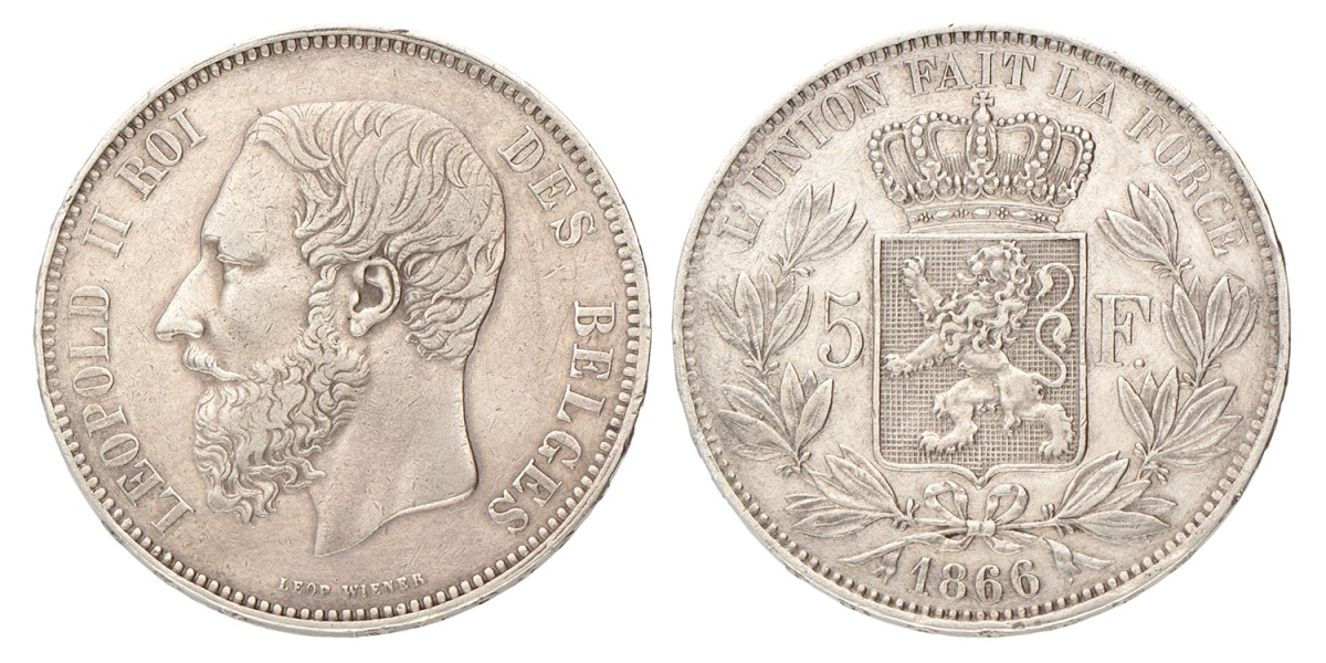 Belgium. Leopold I. 5 Francs. 1866.