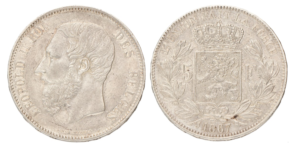 Belgium. Leopold II. 5 Francs. 1867.