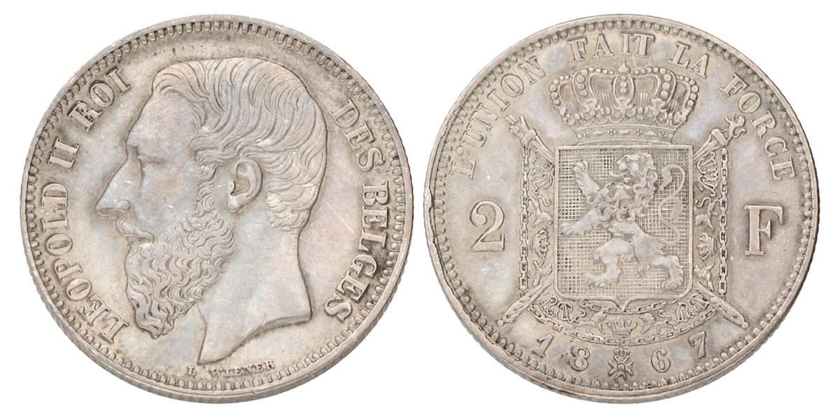 Belgium. Leopold II. 2 Francs. 1867.