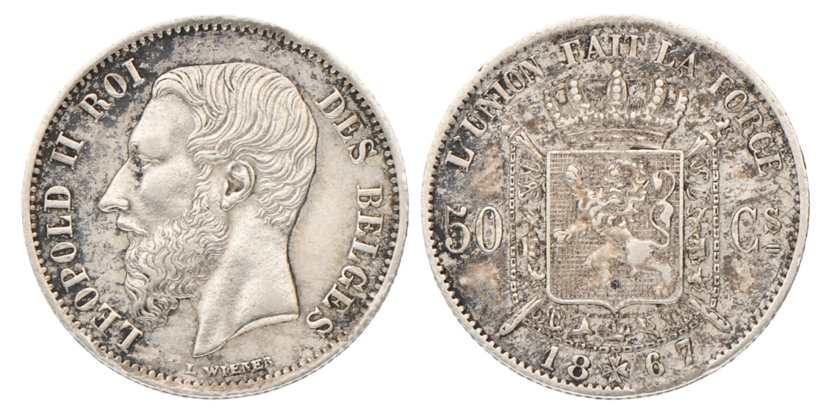 Belgium. Leopold II. 50 Centimes. 1867.