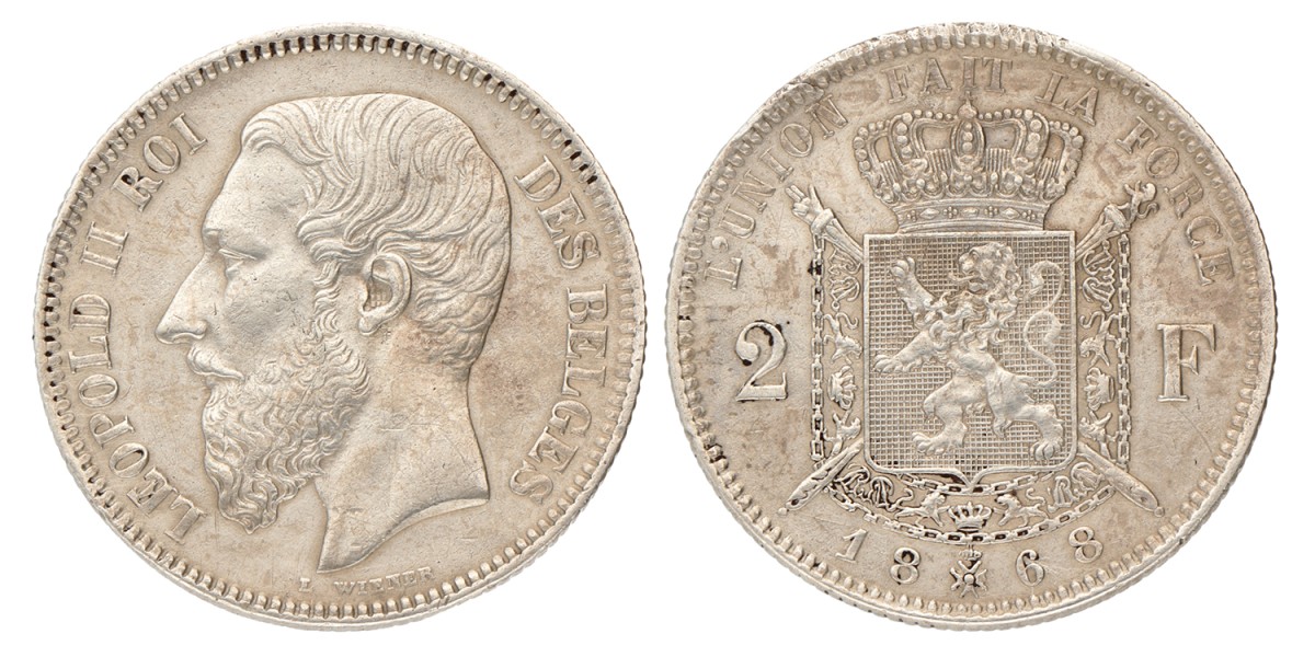 Belgium. Leopold II. 2 Francs. 1868.