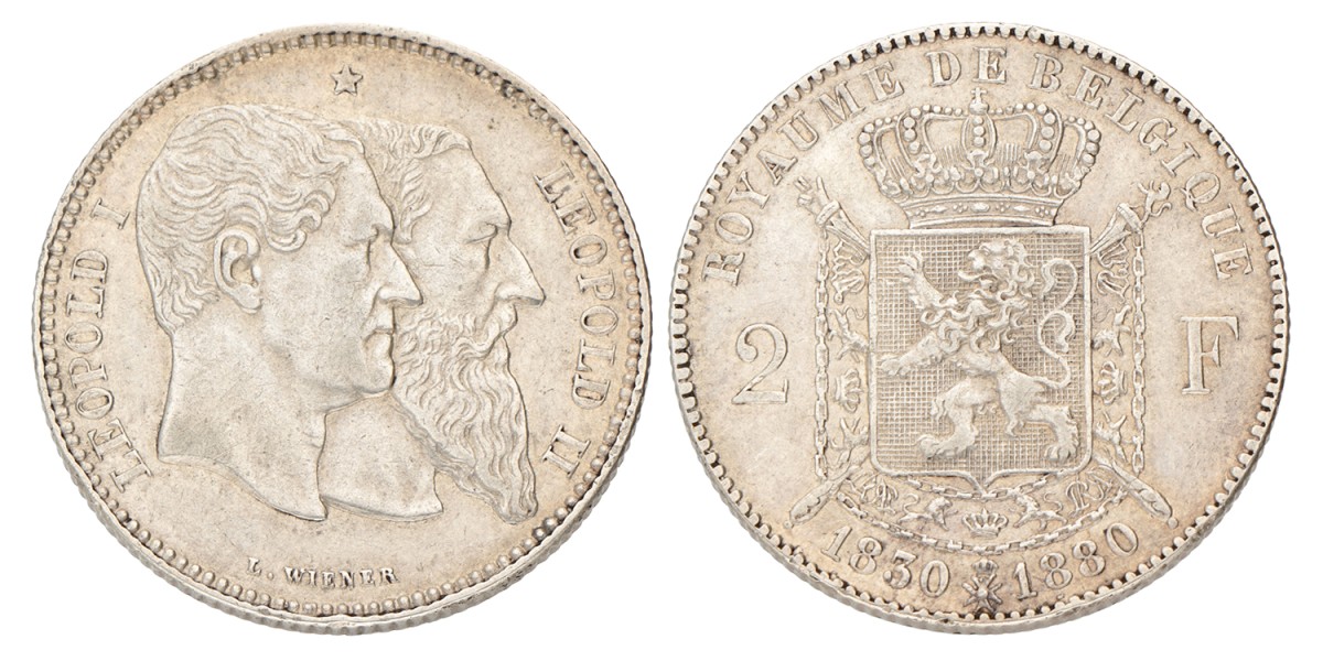 Belgium. Leopold II. 2 Francs - 50th anniversary of the Belgian Independence. 1880.