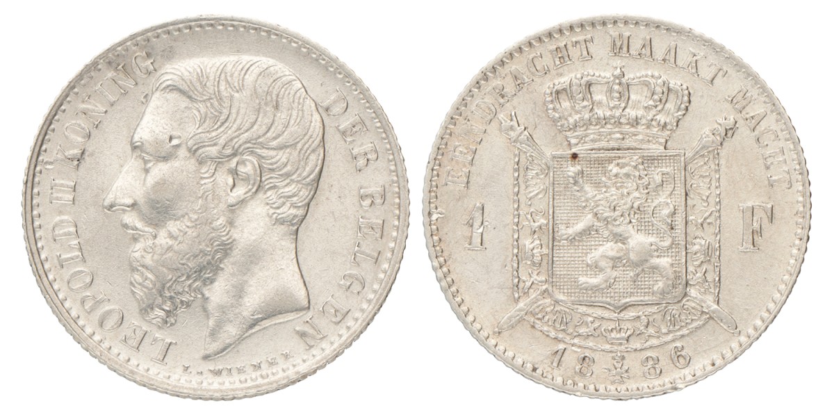 Belgium. Leopold II. 1 Franc. 1886.