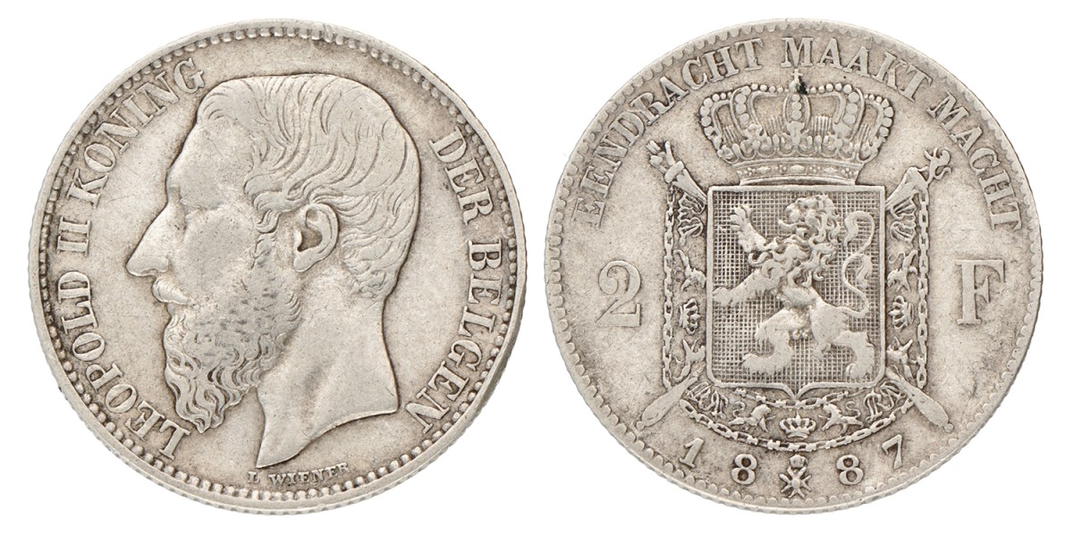 Belgium. Leopold II. 2 Francs. 1887.